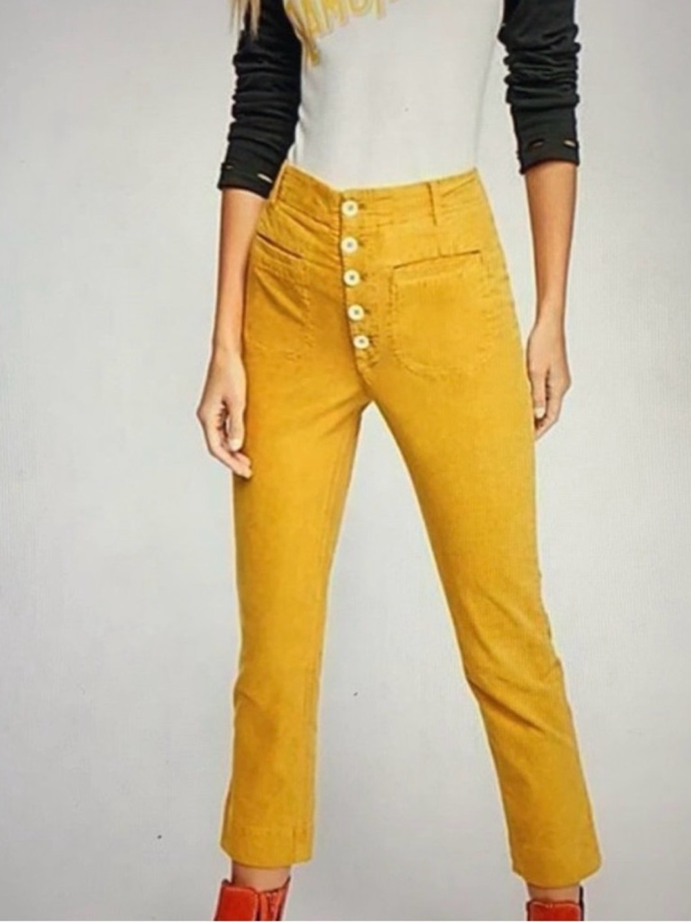 Free People Mustard Yellow If You Love Me Pants 10 Boho Twee Corduroy